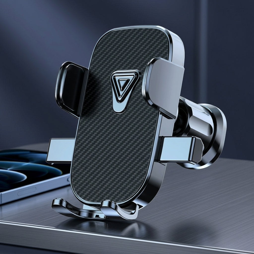 Magnetic car phone mount attached to dashboard, modern car interior, smartphone navigation screen visible, sunlight through windshield, realistic commercial product photography, ultra detailed